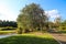 A stunning sunny day in the park with lush green and autumn colored trees, vast green grass and a running river with blue sky