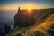 stunning sunrise over a towering cliff, with the sun rising in the distance