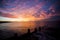 A stunning sunrise over the wood groynes on Bexhill beach in East Sussex, England