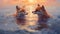 Stunning Sunset: Aesthetic Oil Painting Of Two Foxes Swimming In The Ocean