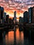 Stunning sunset burns over the Chicago River on a winter evening in Chicago`s Loop.