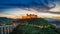 Stunning sunset over the highlighted castle in Spoleto, Italy