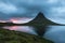 Stunning sunset over Kirkjufell volcano.