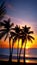 A stunning sunset over the ocean with palm trees silhouettes illustration Artificial Intelligence artwork generated