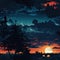 A stunning sunset scene featuring trees, a city underwater, and clouds (tiled