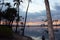 A stunning sunset silhouetting Palm Trees at Anaehoomalu Bay with a lake reflecting the sunset and trees in Hawaii