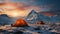 Stunning Sunset Snowscape: Realistic Renderings Of Two Tents In Mountains