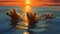 Stunning Sunset: Three Bears Swimming In A Serene Ocean