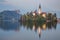 Stunning sunset view of popular tourist destination  Bled lake