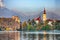 Stunning sunset view of popular tourist destination  Bled lake