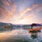 Stunning sunset view of popular tourist destination  Bled lake, Slovenia