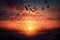 stunning sunset, viewed from above with flock of majestic birds in flight