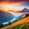 stunning swiss landscape with mountains at sunrise