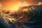 Stunning technicolored sunset waves on the sea, beautiful rolling waves in photorealistic view