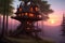 A stunning treehouse nestled in the lush forest. Generative AI.