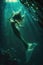 A stunning tropicalpunk mermaid elegantly swimming in the sea. Generative AI.