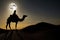 Stunning tuareg riding a camel in desert at night with super moon in background. Generative Ai