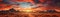 A stunning, ultra-wide panoramic photograph of a vast desert landscape at sunrise