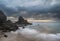 Stunning, vibrant sunrise landscape image of Barafundle Bay on P