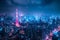 A stunning view of a brightly lit cityscape at night, captured from an elevated perspective on a skyscraper, Aerial view of Tokyo