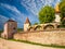 Stunning view of defensive walls and towers of Lutheran fortified church in Biertan, Transylvania, Romania