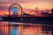 A stunning view of a ferris wheel positioned above a sandy beach, offering a breathtaking vista of the sparkling ocean., Santa