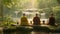 A stunning view of a group of people sitting atop a lush green forest, enjoying nature, Zen Buddhist monks meditating in a