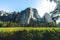 Stunning view of high rough rock mountains in Yosemite National Park, California, US at sunrise