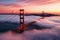 A stunning view of the iconic Golden Gate Bridge in San Francisco shrouded in a mysterious mist