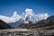 Stunning view of Lobuche mountain from trek to Everest and island peak. Himalayan  landscape at bright day at high altitude