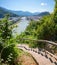 stunning view from Monchsberg hiking route to Hohensalzburg fortress and Salzach river, Salzburgo