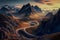 A stunning view of a rugged mountain range with a winding road. Created with Generative AI technology.