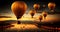 A stunning view of several golden hot air balloons drifting through the sky at sunset