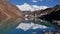 Stunning view of Sherpa village Gokyo, Himalayas, Nepal and majestic snow-capped mountain Cho Oyu reflected in the water.
