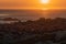 stunning view of sunset over the ocean with a herd of ibex in the foreground