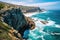 A stunning view of the vast ocean, captured from the edge of a towering cliff, Cliffs overlooking a turquoise sea with white,