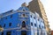 Stunning vivid blue and white vintage building in downtown Lima, Peru