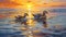 Stunning Water: Aesthetic Oil Painting Of Ducks Swimming Happily At Sunset
