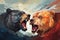 Stunning Watercolor Artwork. Epic Clash Between Two Majestic Bears in a Fierce Fight Scene