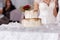 Stunning wedding cake and magnificent decoration. wedding decorated cake with smoke