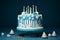 A stunning white birthday cake featuring teal ganache, star decorations