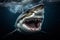 Stunning White shark attacking with big open mouth and teeth. Amazing wildlife. Generative Ai