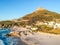 Stunning wide angle aerial drone evening view of Lion`s Head Mountain in Cape Town