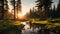 Stunning Wilderness Landscape: Forest, Meadow, And River At Sunrise