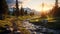 Stunning Wilderness Landscape: Majestic Mountains, River, And Sunset