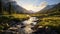 Stunning Wilderness Landscape: Mountain Stream And Hill In Vray Tracing