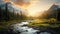 Stunning Wilderness Landscape: Mountains, Sunset Sky, Stream, Grass