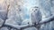 A stunning wildlife winter wonderland with a copied space snow bird and a white winter owl resting on a tree limb in a winter snow