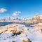 Stunning winter view on  Reine, Sakrisoya and Hamnoy villages  and bridge to Olenilsoya island