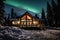 Stunning Winter Wonderland. Cozy House Illuminated by Mesmerizing Northern Lights in Snowy Landscape